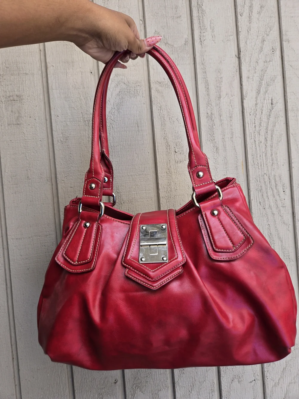 Vintage Red Women's Satchel Handbag with Silver Lock Detail